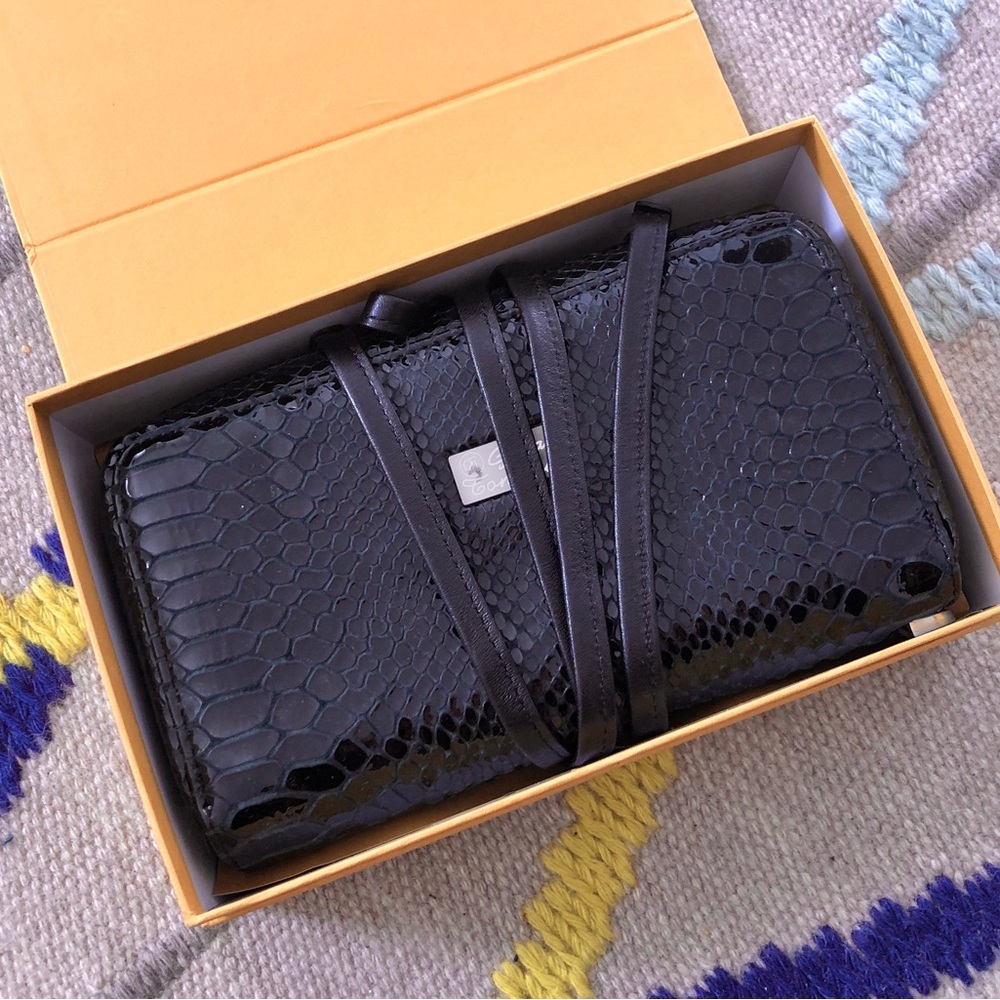 Tonelli Italian Black Patent Snake Leather Crossbody Bag Clutch Wallet